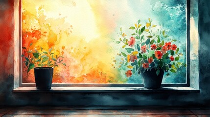 Colorful sunrise view through window with potted plants.