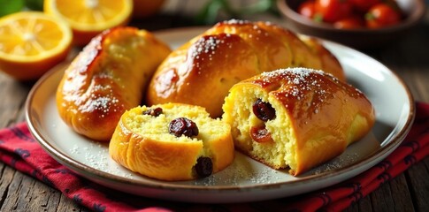 Fototapeta premium A plate of Spanish sweet bread filled with juicy raisins and candied citrus, Spanish, baked goods
