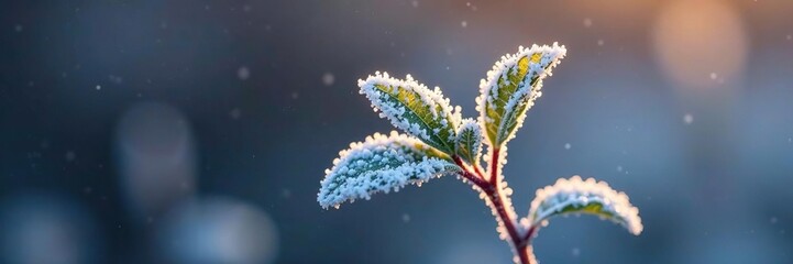 Fototapeta premium Delicate frost crystals glisten on the tender stem of a winter plant, sparkle, frost, natural