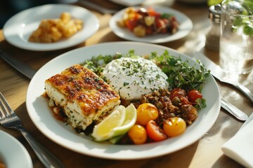 A delightful dish featuring a mix of baked lasagna, fresh greens, and juicy cherry tomatoes invites a warm, flavorful experience.