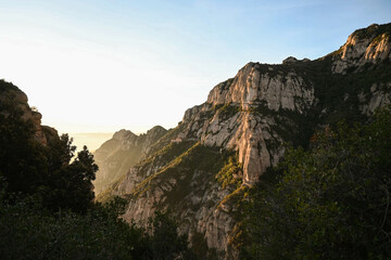 Montserrat canyon mountain during sunrise in rural Catalonia near Barcelona