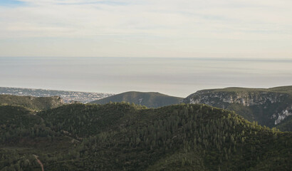 Mediterranean Garraf mountains looking over the mediterranean sea by Castelldefels in Spain in Barcelona metropolitan area