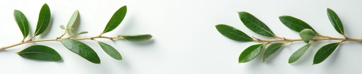 Fototapeta premium Fresh green olive branch leaves spread on a white surface with subtle texture and shadows, leaves, shadow, texture