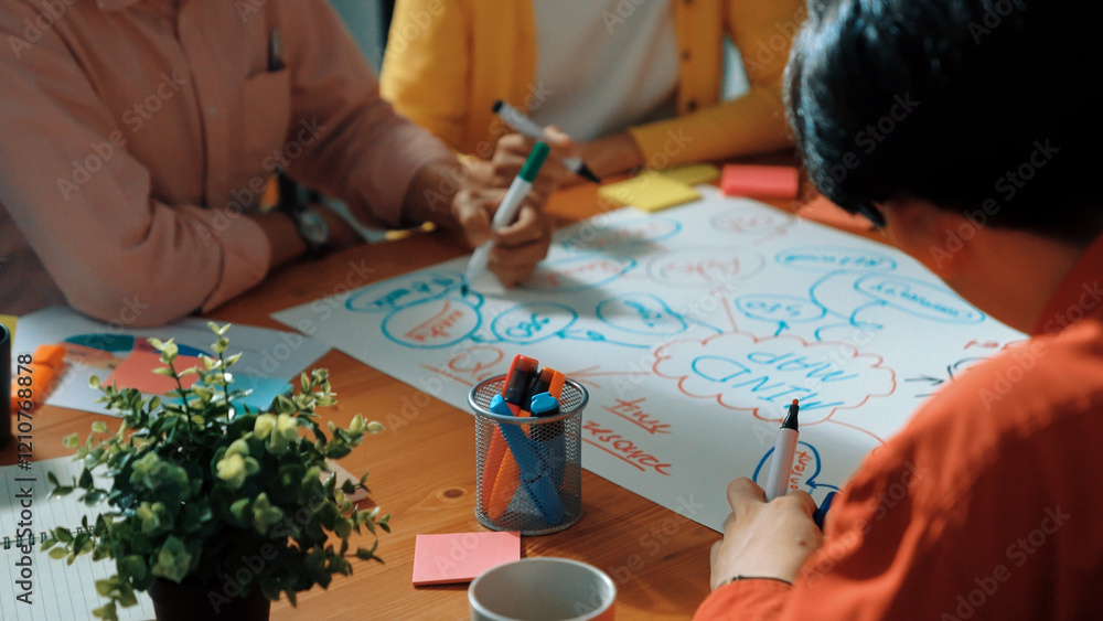 Poster group of people using mind map sharing marketing idea and brainstorm plan. closeup of smart business