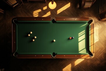 Top-Down View of Green Felt Billiard Table with Bright Lights