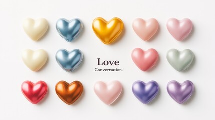 Fototapeta premium Sweet heart shape candy set. Valentines day concept. Isolated on white background. Different color bundle. Conversation, Love text. Romantic colorful element collection. Flat line vector illustration.