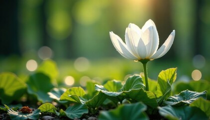 Obraz premium Delicate white petals unfolding in the morning dew, forest, flowers, trees