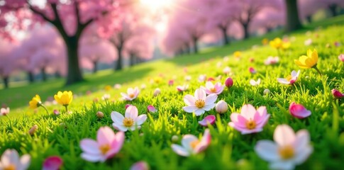 Fototapeta premium delicate cherry blossom petals scattered on a grassy hillside, spring blossoms, yellow flowers, countryside scenery