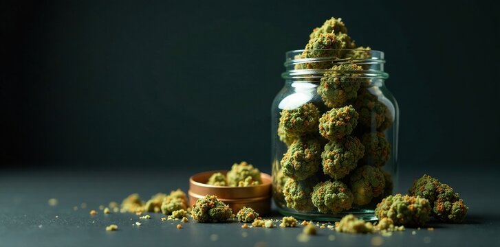 Dense green buds in jar against dark background, one ounce, grinder