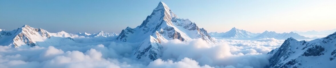 Obraz premium Snowy peak ascends majestically above misty veil, Snow capped peaks, Alpine landscape, Cold climate