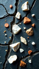 Fototapeta premium Porcelain stoneware fragments scattered across a cracked slate rock formation, geological, rock