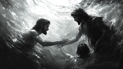 In powerful moment of divine intervention Jesus Christ stands on calm water reaching down drowning person whose hand stretches upward Him in desperate plea for help.