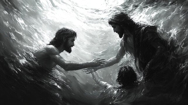 In powerful moment of divine intervention Jesus Christ stands on calm water reaching down drowning person whose hand stretches upward Him in desperate plea for help.
