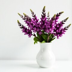 Dark purple black cohosh flowers in a vase on a crisp white background, plant, flowers, vase