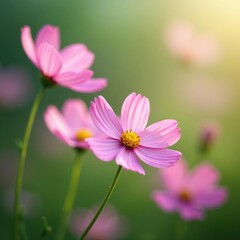 Obraz premium Pink cosmos flowers swaying gently in the breeze, gentle, flowers, wind