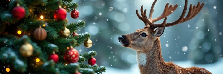 A reindeer looks up at the top of a decorated Christmas tree, winter, greenery, wooden ornaments