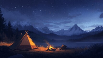 Night camp with a tent and campfire, on a starry night and a moon. Mountains in the background. Camping illustration. Tent illustration. 