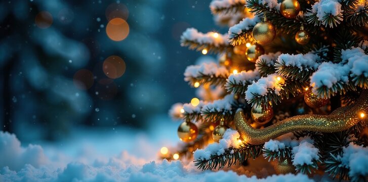 a frosty Christmas tree covered in snow with golden ornaments and colourful lights, gold, tinsel - Powered by Adobe