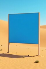Desert landscape with blue empty billboard against a vast sandy dune background, desert scenery, barren ground, sandy terrain