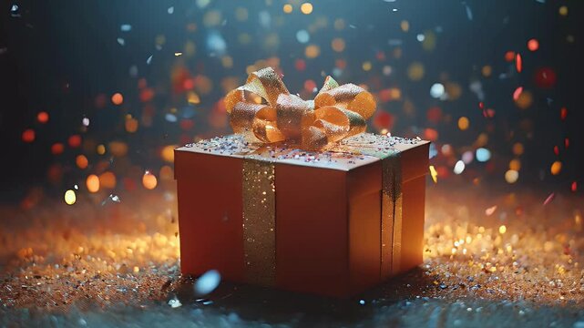 Gift box with confetti on dark background