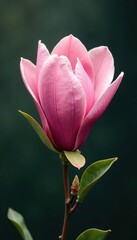 A pink magnolia's stem is adorned with delicate white and green markings, marking, pink, botanical