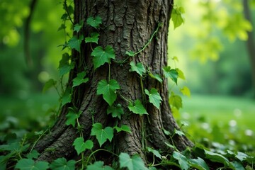 Obraz premium Vines and ivy wrap around tree in twisted mesh, natural, verdant, tree trunk