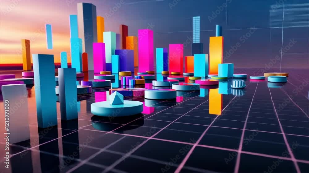 Aufkleber Vibrant 3D data visualization featuring colorful bars and circular shapes, showcasing modern design and technology in dynamic digital landscape with geometric forms.