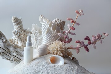 A white bottle of face serum with a dropper top, surrounded by soft pastel flowers and seashells. This scene symbolizes luxury skincare or self-care in the style of a soft, minimalist aesthetic.