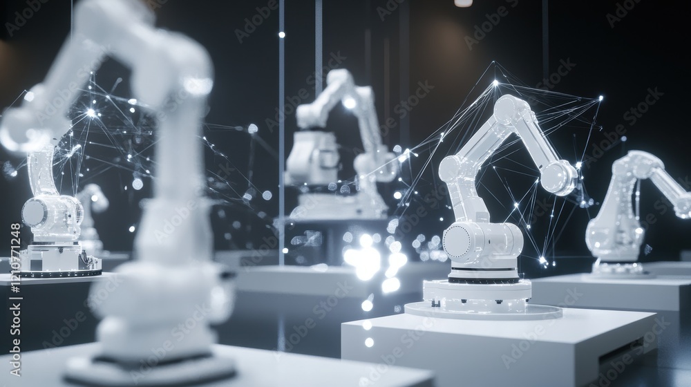 Poster multiple robotic arms are communicating with each other through a network in a futuristic factory se