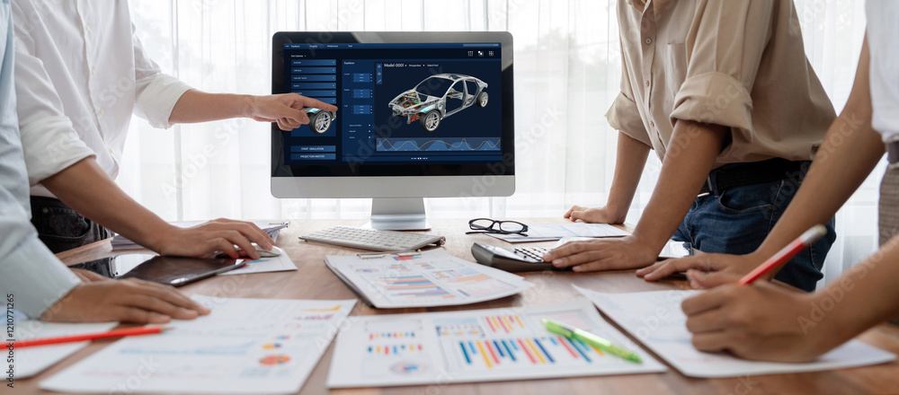 Aufkleber Electric car design software on computer screen showing simulation blueprint brisk by digital calculating application for manufacturing preparation