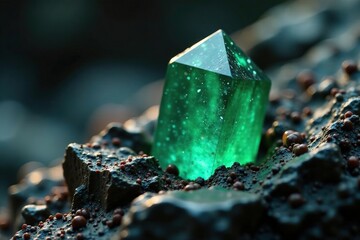 Emerald crystal nestled in a bed of black rock, earthy tones, dark rock, emerald gemstone