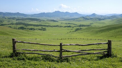 Scenic mountain valley view, wooden fence, pasture. Ideal for travel brochures