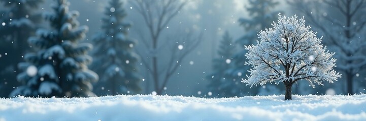 Frosty snowflakes gently fall on a serene winter scene with a small white tree and lush green branches, snowfall, quiet