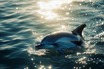 Obraz premium A sleek dolphin glides through shimmering waters, its silhouette captured against the sparkling reflections of the sun-dappled sea.