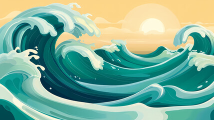 Whimsical beach waves: a fluid emerald motif with ocean dynamics. Emerald Oasis. Illustration