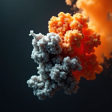 Granata che esplode in un effetto di fumo bianco grigio e arancione sul fondo nero, guerra, esplosione