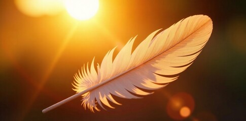 A feather radiating a soft warm light in the sun, glowing feather, natural beam