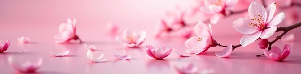 Cherry blossom petals scattered on a pink background, soft focus, nature, pink background