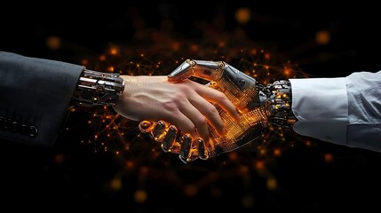 Human and robot handshake, future tech collaboration, dark background, network connections, for tech or AI concepts