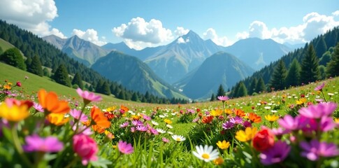 Colorful flowers blooming in the meadow under mountains, garden, flowers, green
