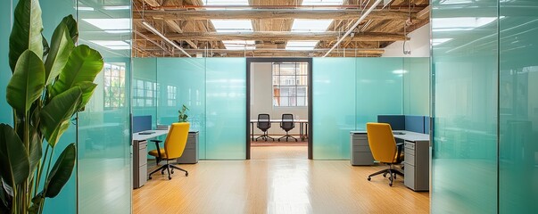 A chic office space with translucent aqua glass walls, natural bamboo floors, and a ceiling of raw steel beams