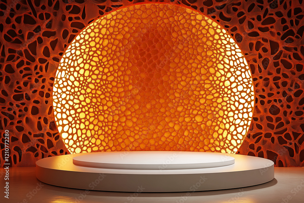 Poster textured circular display podium with bright orange backdrop and decorative pattern