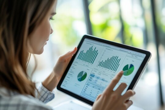 In a bright, modern workspace, a young professional analyzes financial data on her tablet, concentrating on budgeting software, charts, and graphs that guide her financial decisions - Powered by Adobe