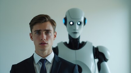 Worried Businessman Standing with Humanoid Robot, Job Uncertainty in the Age of AI
