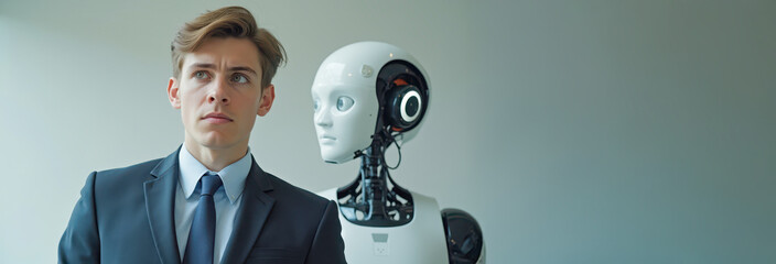 Worried Businessman Standing with Humanoid Robot, Job Uncertainty in the Age of AI