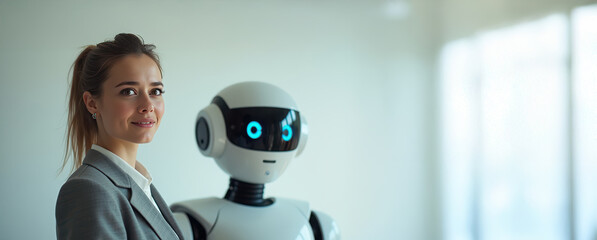 Confident Businesswoman with Humanoid Robot Facing Fears of Job Displacement in the Age of AI