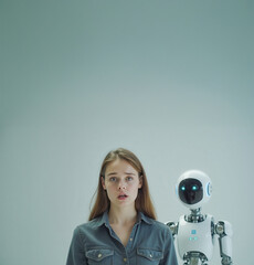 Concerned woman with Humanoid Robot Facing Fears of Job Displacement in the Age of AI