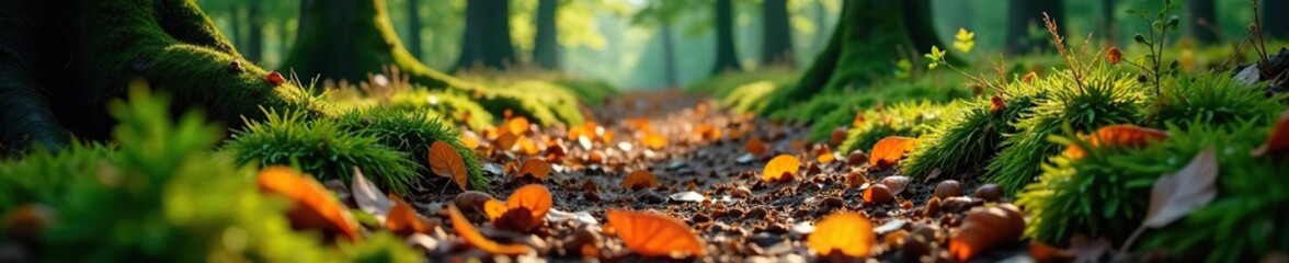 Forest floor with a mix of fallen leaves and pine needles, evergreen, earthy scent