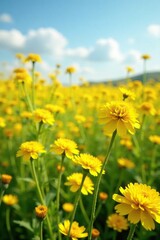 Obraz premium Field of golden helichrysum flowers swaying gently in the breeze, yellow, nature