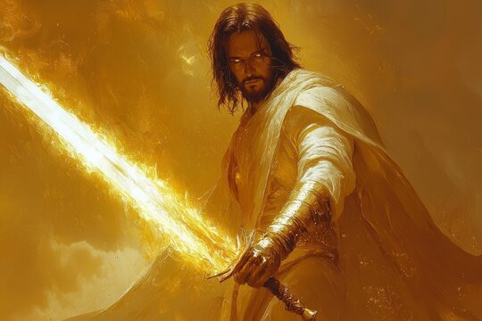 Jesus Christ stands majestically holding flaming sword illuminated divine aura. Soft clouds surround Him in radiant sky filled golden light.